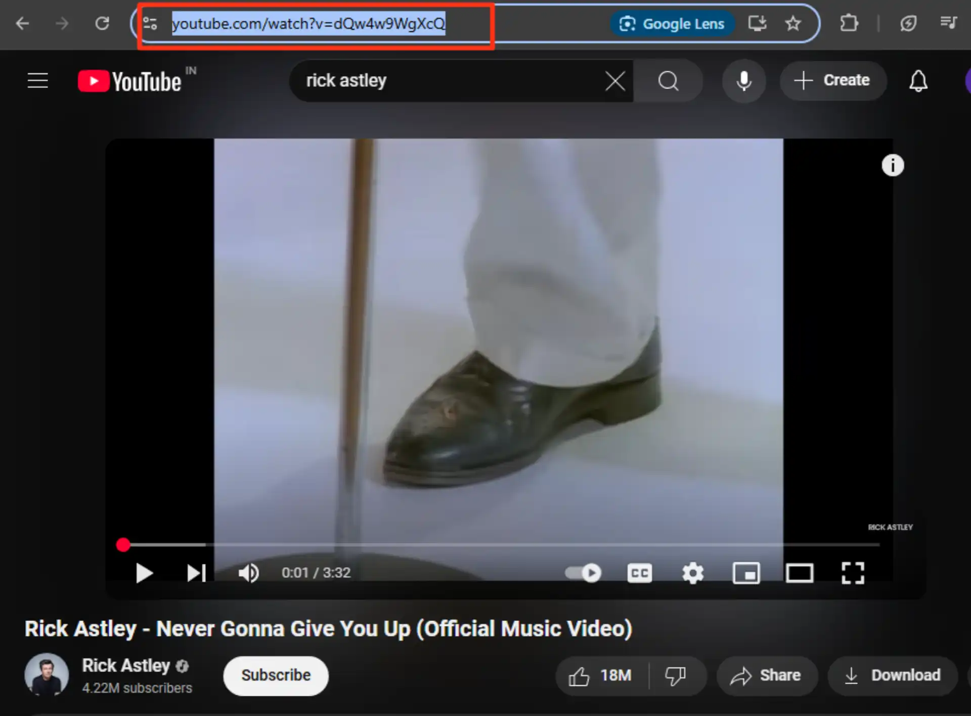 Copy YouTube Video URL from the browser address bar