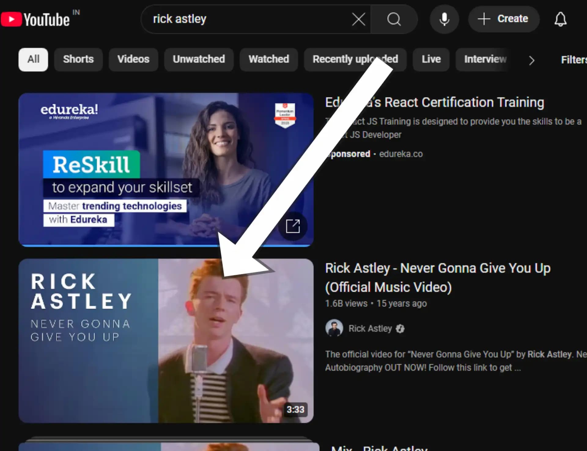 Searching 'rick astley' on YouTube